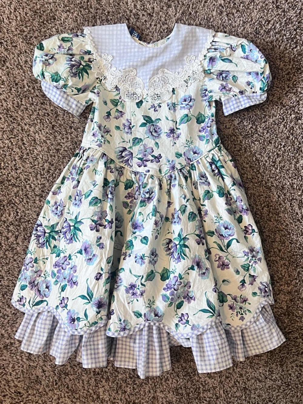 Vintage 90s Girls 100% Cotton Purple Floral Gingham Dress Easter